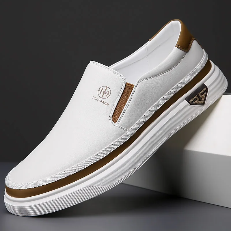 

New 2026 Men's Genuine Leather Casual Sneakers Spring Summer Fashion Slip-On White Shoes Soft Sole Comfortable for Everyday Wear