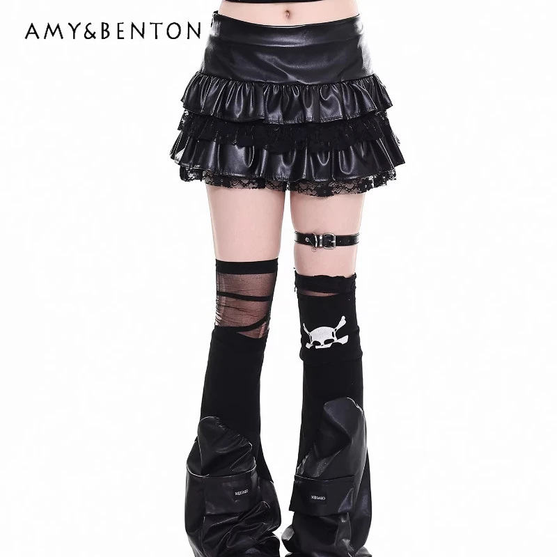 

Новая женская короткая юбка из искусственной кожи с кружевными вставками в стиле панк, темный дизайн, весна-осень 2026, черная, мини, многоярусная, для женщин
