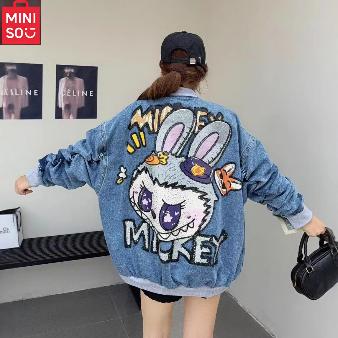 

MINISO Trendy Heavy Industry Rabbit sequin Embroidered Cowboy Coat Women's 2025 Spring and Autumn Loose Versatile Jacket Top