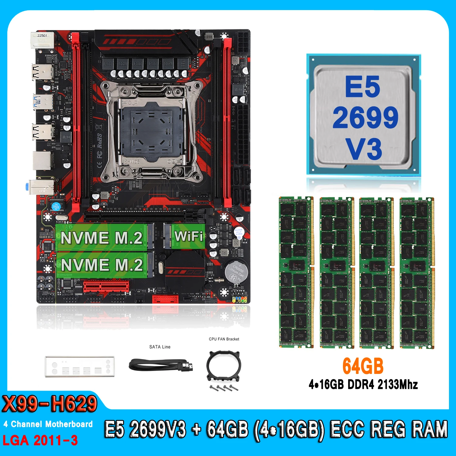 ชุด X99เมนบอร์ดชุด LGA2011-3มี E5 2699 V3หน่วยประมวลผล64กิกะไบต์ (4*16กิกะไบต์) DDR4 M-ATX หน่วยความจำ ECC E5เมนบอร์ดสี่ช่อง2699V3