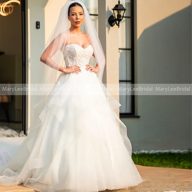 Suknia ślubna bez ramiączek, balowa, z warstwową tiulową spódnicą, szyta na miarę, z koronkowymi aplikacjami księżniczki, suknia ślubna vestidos de novia 2026