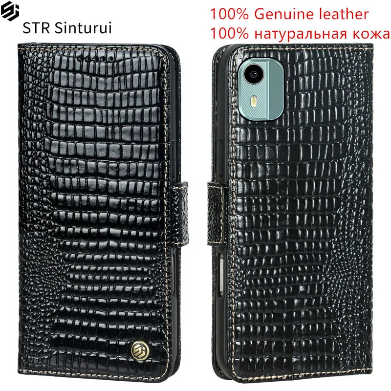 

STR Genuine lizard grain leather card Slot Wallet Cover For Nokia C12 Pro C21 Plus C32 C22 C210 C200 C110 C3 Flip phone Case