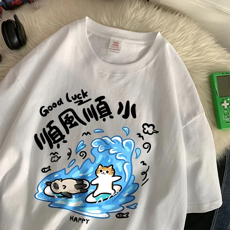 

Womens T-Shirts Good Luck Cartoon Cat Cartoons Prints Tees O-Neck Soft Oversized Short Sleeve Casual Clothes Y2k Top