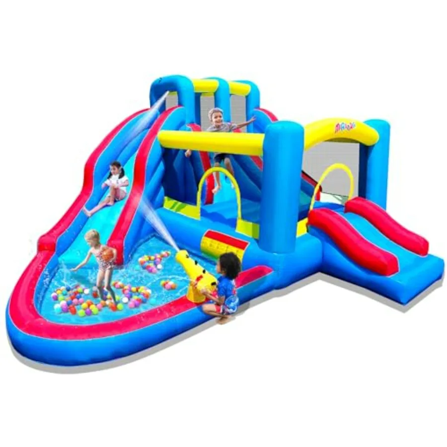 

Outdoor backyard inflatable bounce house with slide, splash pool, water cannon, climbing wall, and air blower PVC material, blu