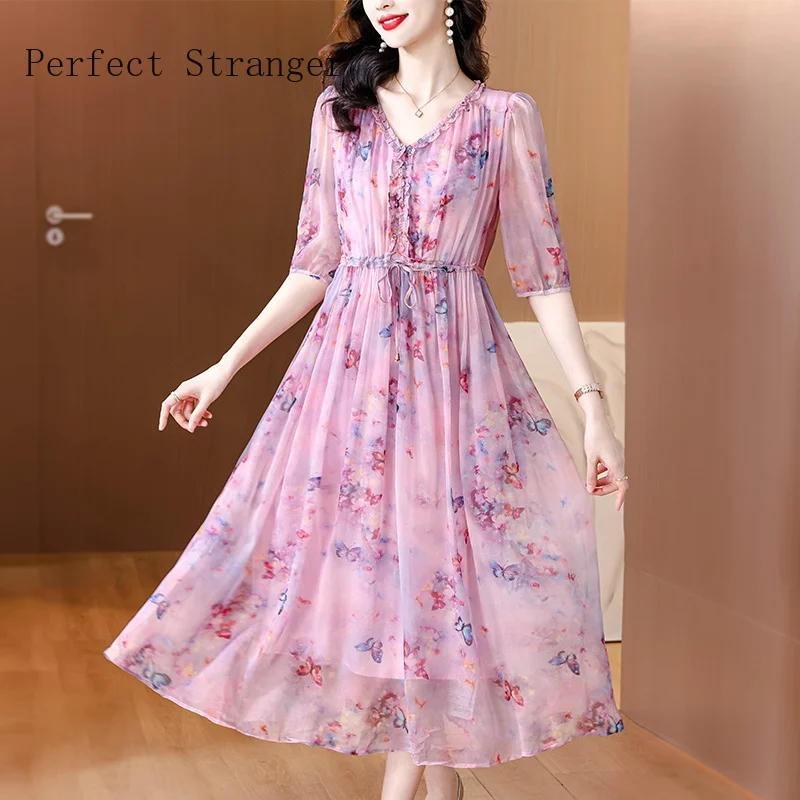 2024 Women Beach Floral Silk Casual Dress Summer Korean Boho Fashion Elegant Midi Vestidos Korean Luxury Dance Party Dress