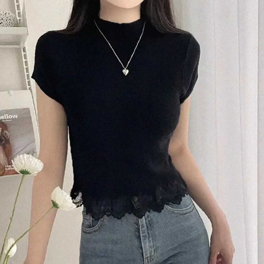 

Весна Лето Женская футболка Трикотажная кружевная ор Све Высокий воротник Fly Sve f Высокий воротник ор Топ ey Slim Fit