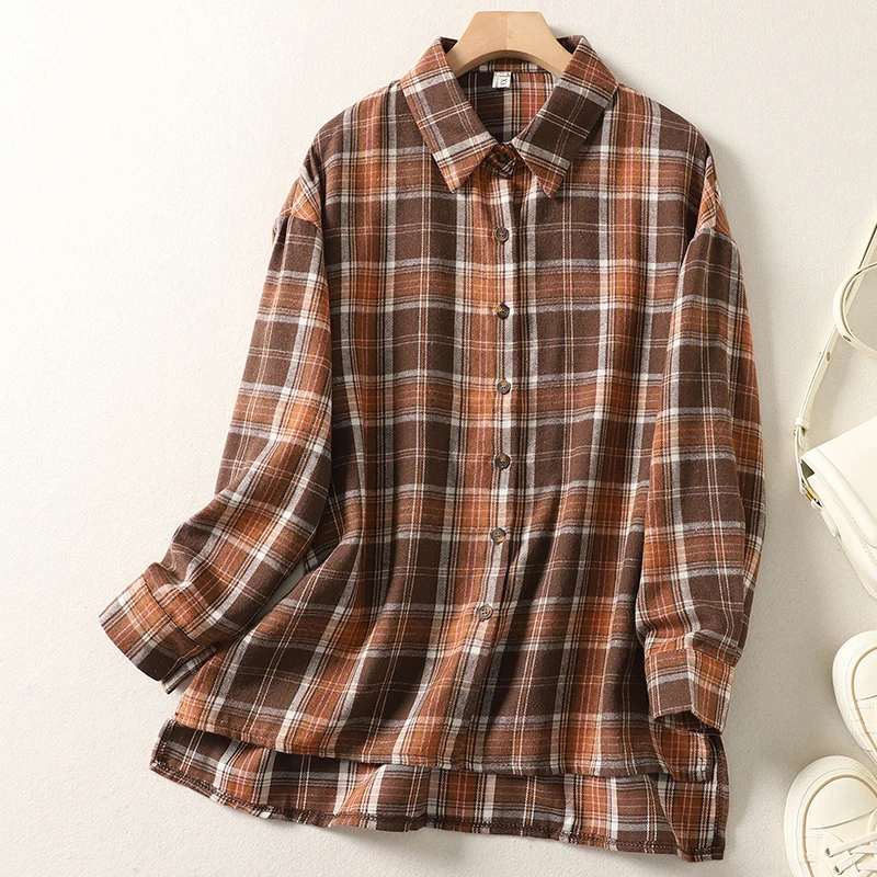 

Spring 2024 Cotton Long Sleeved Plaid Shirt Retro Plaid Tops Women Shirt Blouse Camisas De Mujer