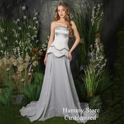 Silver Mermaid Evening Dresses Customized Strapless Sleeveless Beading Crystal Sweep Train Peplum Occasion Dress Prom Gown