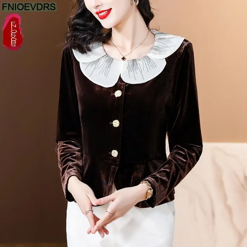 S-3XL Black Velvet Top Women Autumn Winter French Design Elegant Office Lady Work Button Shirt Casual Slim Retro Peplum Blouses