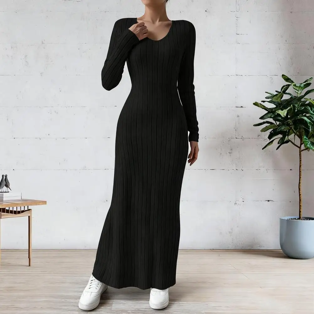 Casual Loose Fit Dress Long-sleeve Dress Women's Fall Sweater Dress Long Sleeve V Neck Ribbed Knit Maxi Winter A-line for Women