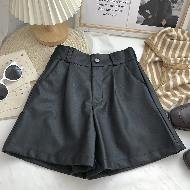 Black One button high waist solid color A-line wide-leg Shorts women autumn Korean wild thin casual PU leather shorts lady