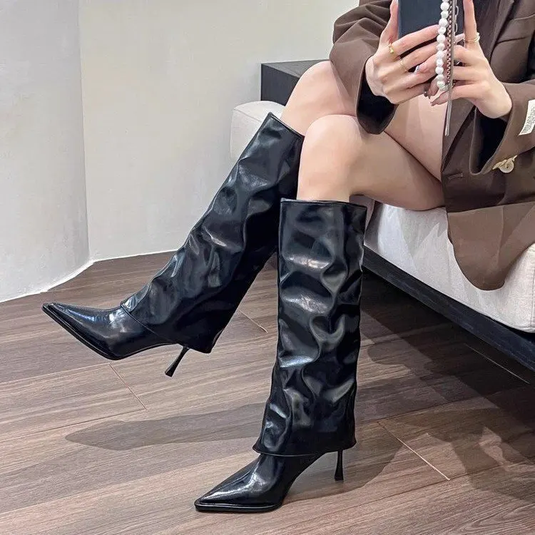 

2025 Women's Thigh High Boots Autumn Winter New Pointed Tip Thin Heel Lacquer Leather Sexy Long High Heels