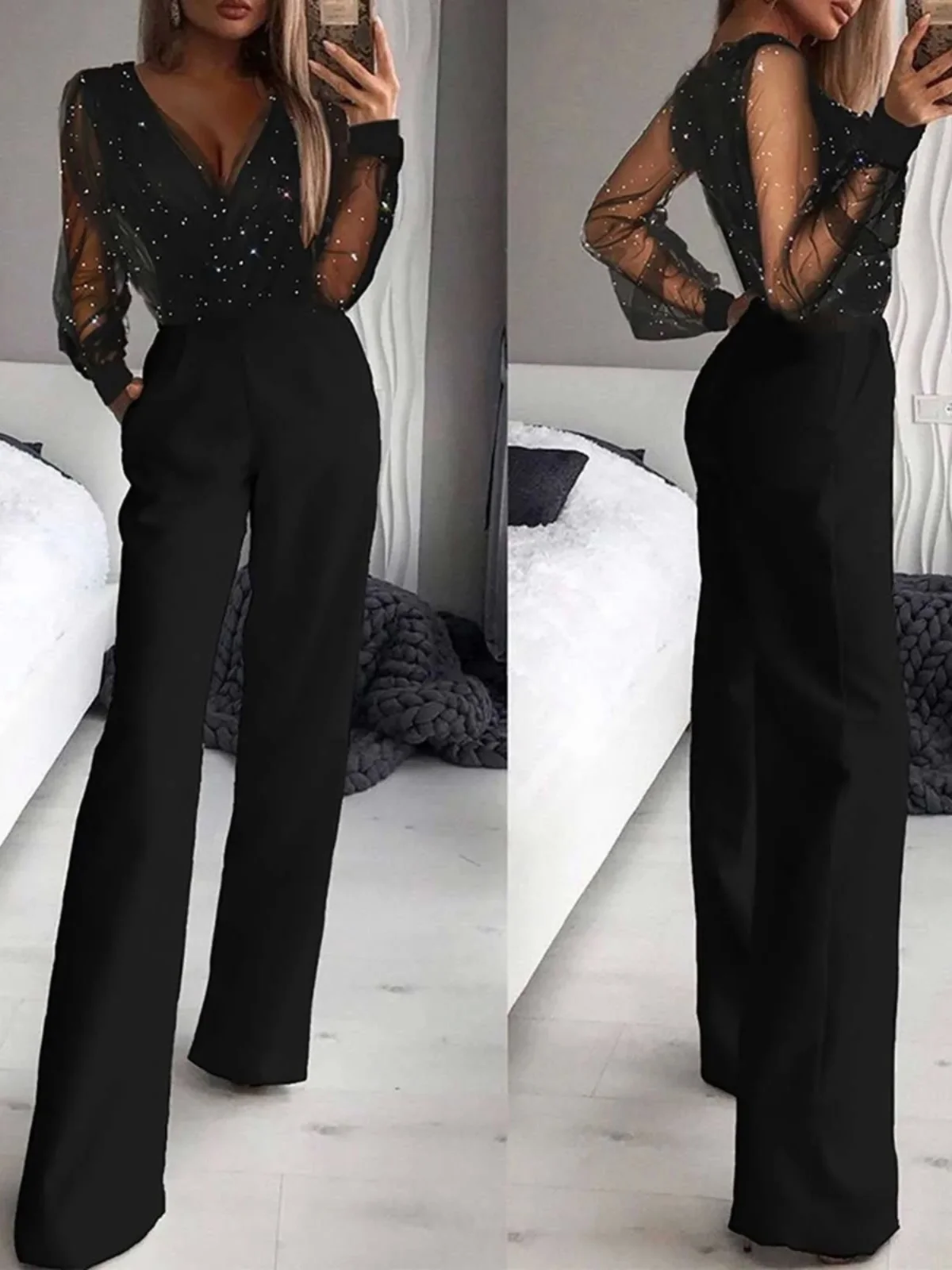 

High Waist Me Spliced V-Ne Jumpsuit Street Sle Casual Pants Wide Leg Pants Polyester Fiber Gored Hem l Waist