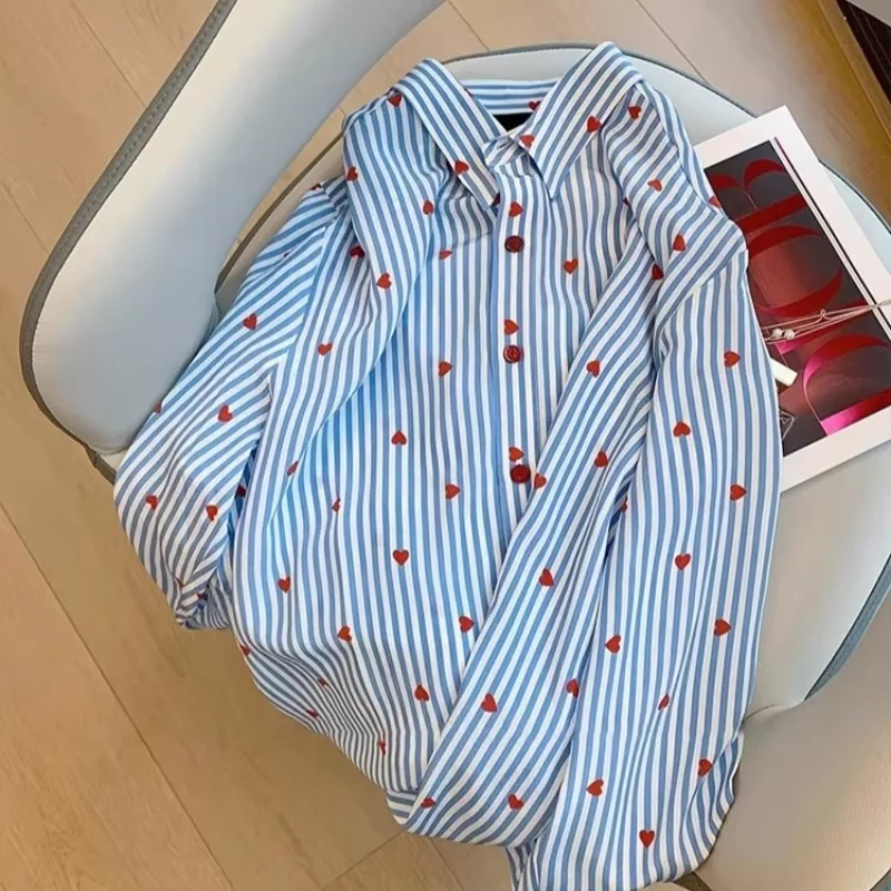 

Полосатая рубашка с принтом сердца для женщин, весенне-осенняя мода, возрастная рубашка, темпераментный шифоновый топ с длинными рукавами для поездок на работу