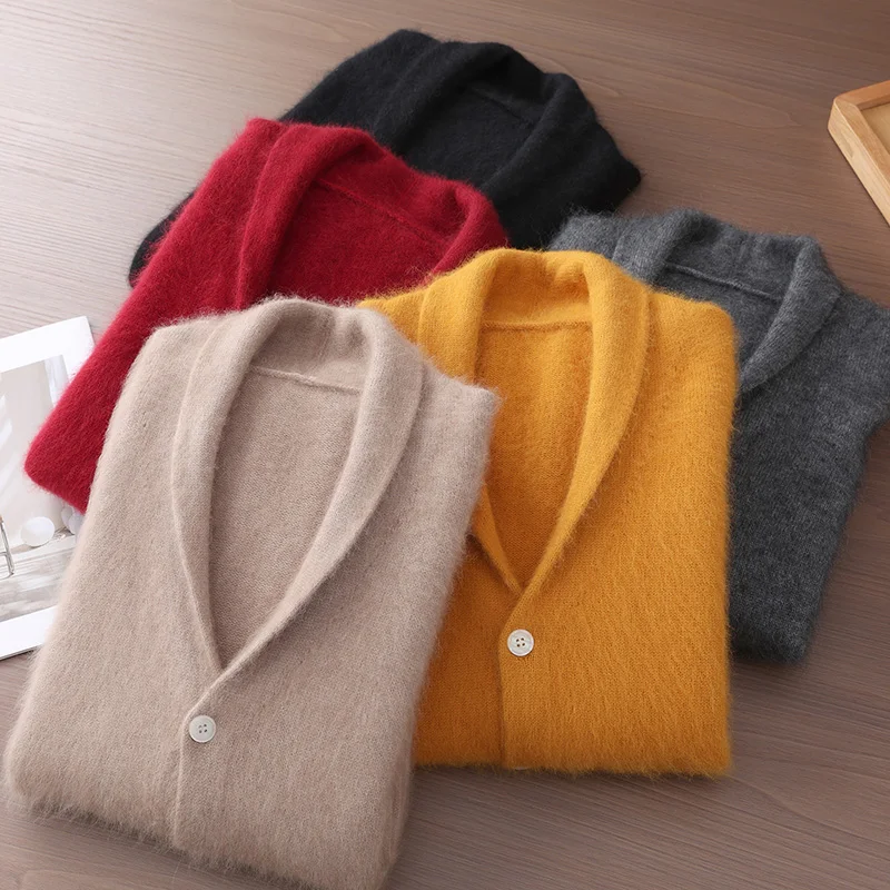Mink Cashmere Cardigans Men's Knitted Sweater Tthicken Long Sleeves Jacket Autumn Winter Lapel Casual Warm Fashion Male Clothes