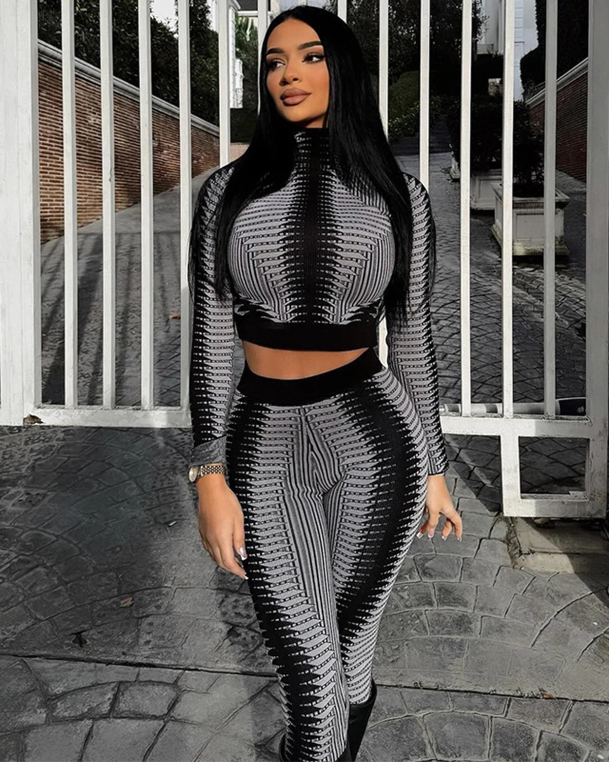 

Print Long Sleeve Turtleneck 2 Piece Co Sets Sexy Slim Crop Top Pants Winter Women Fashion Tracksuit Streetwear Sport