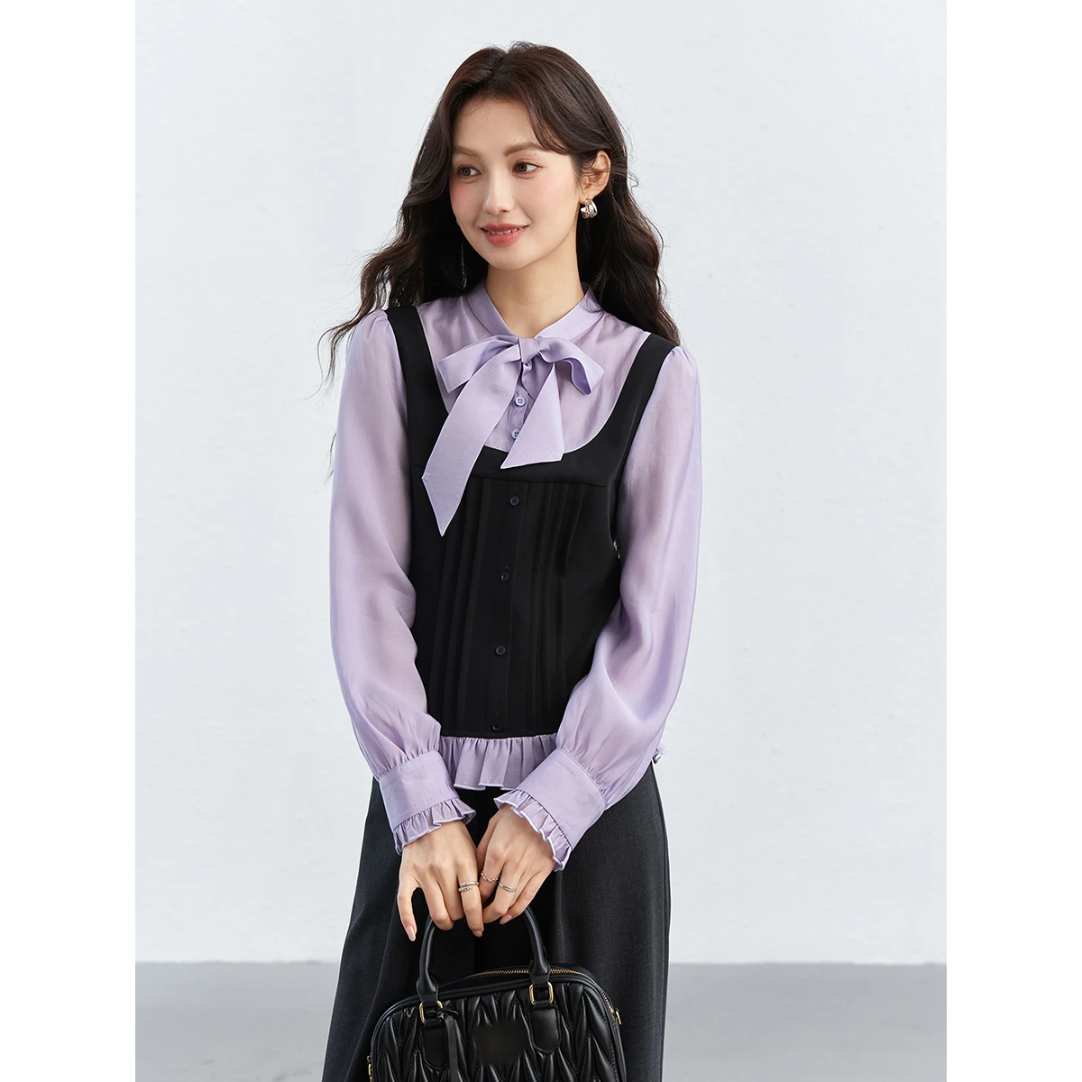 VIMLY Purple Shirt Women Autumn 2026 New Stand Collar Ribbon Blouse Elegant Fashion Fake Two-Piece Long Sleeve Tops Female A5232
