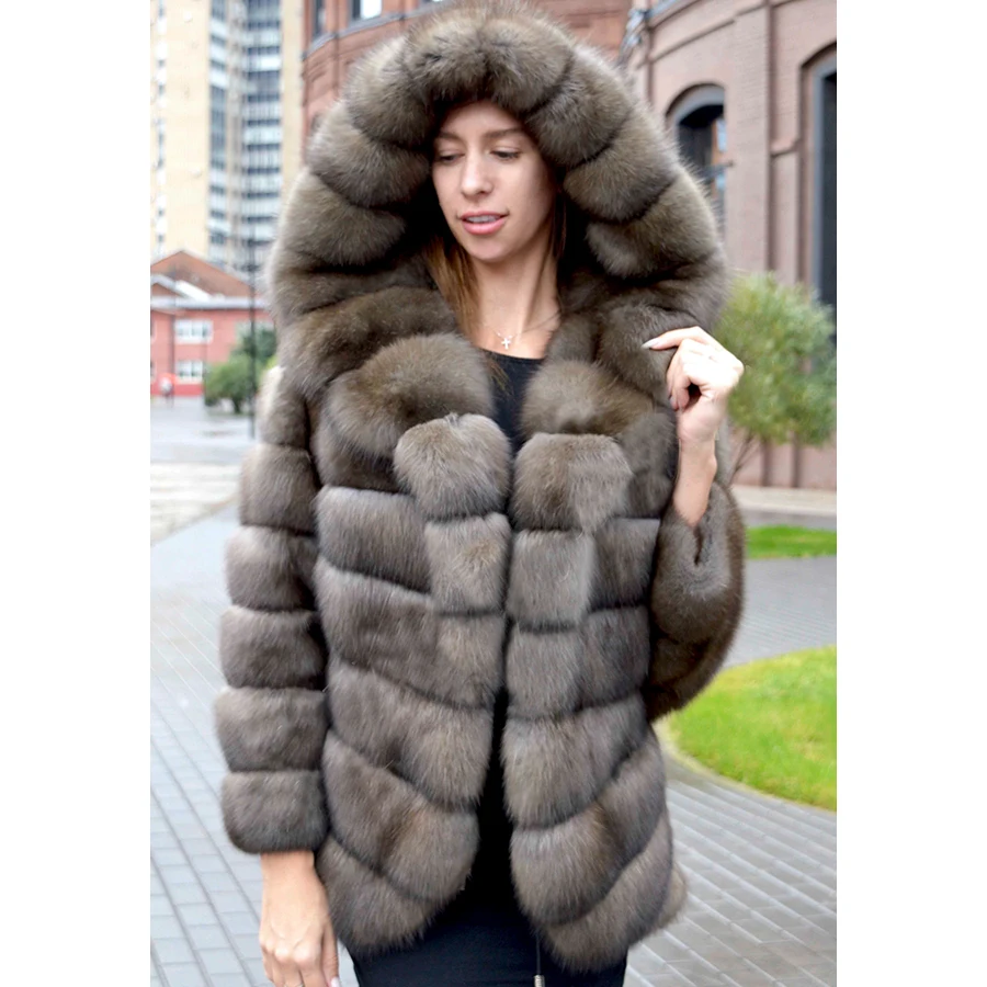 Genuine Fox Fur Coat Women's Winter Coat Hooded Real Fox Fur Coat Warm Luxury Clothing Hot Selling