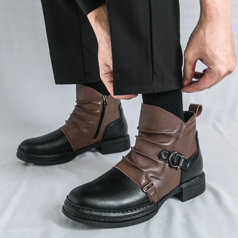 Western American cowboy boots men's winter short boots British style high top leather shoes British style men's boots