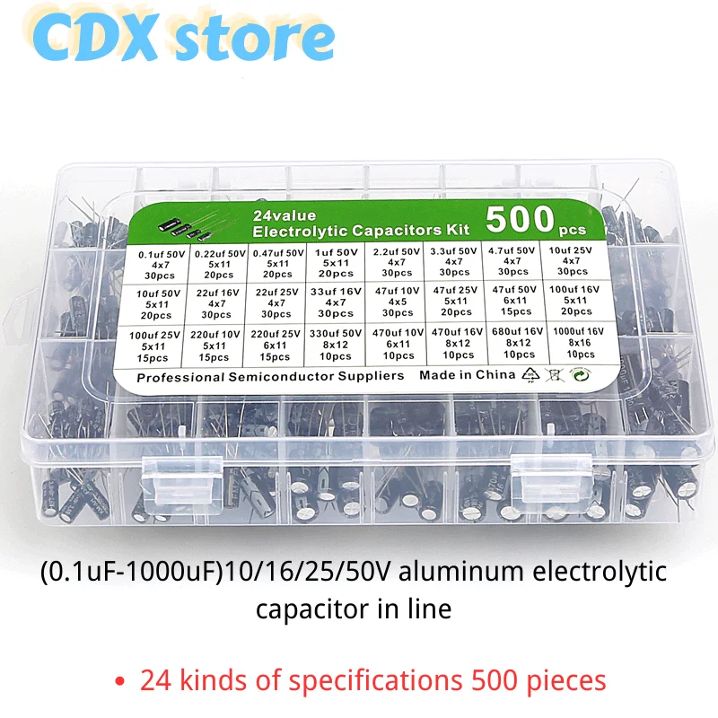 

24 kinds=500pcs (0.1uF-1000uF)10/16/25/50V In-line aluminum electrolytic capacitor box