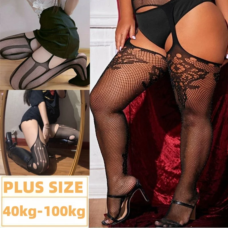 

Plus Size Fishnet Stockings Garter Belt Pantyhose Sexy Thigh High Open Crotchless Black White Tights for Oversize Women XXXXXL