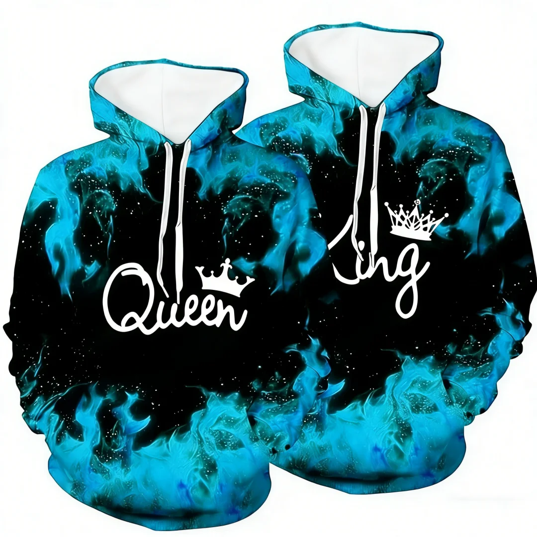 

Fashion Flame Design Couple Hoodies 3D Letter Printed Long Sleeve Pullover King And Queen Sweatshirt Daily Casual Unisex Clothes