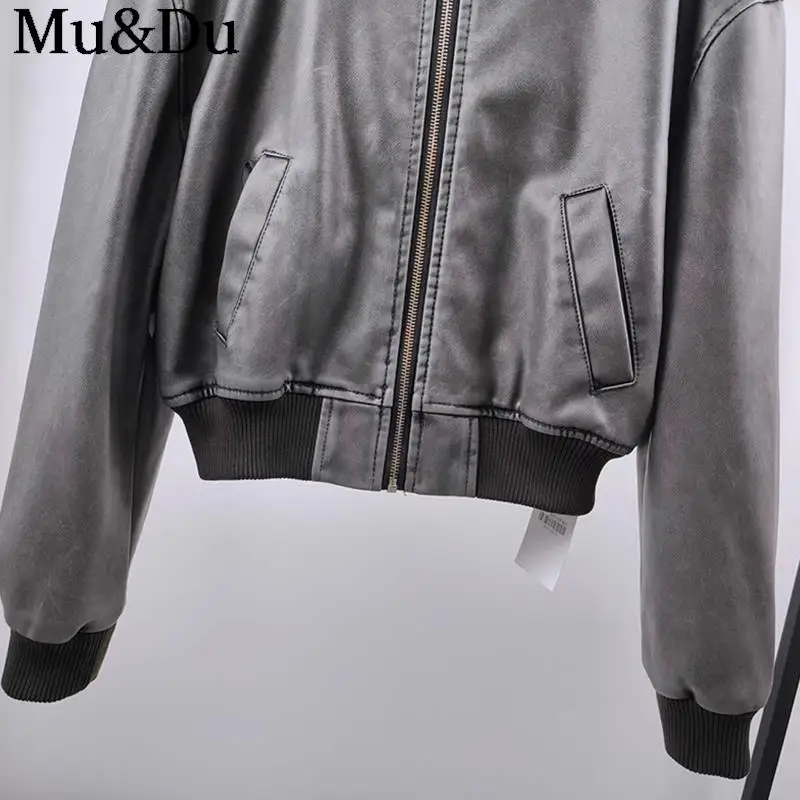 Mu&Du 2023 Autumn Vintage Distress Faux Leather Zip Pocket Crop Bomber Jacket Female Pu Street Short Baseball Coats Outwear Chic