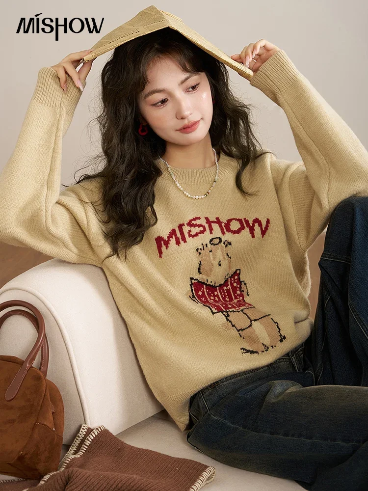 MISHOW Letter Graphic Sweater Women 2024 Autumn Winter Fashion Knitted Loose Pullovers Round Neck Lazy Jumpers Tops MXC53Z0244