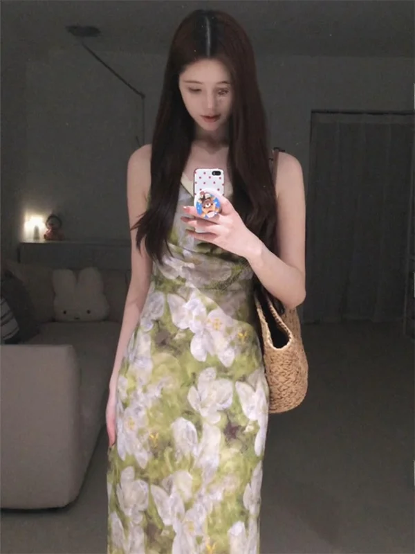 

Slimming Pure Desire Style Women's Summer New Long Dress Floral High Waist Polyester Fiber Midi Dress for City Commuting Dancing