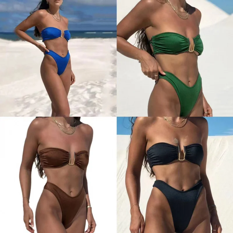 

2024New Solid Color Quality BikinibikiniLace-up Split Swimsuit Set Women's Bikini Swimsuit