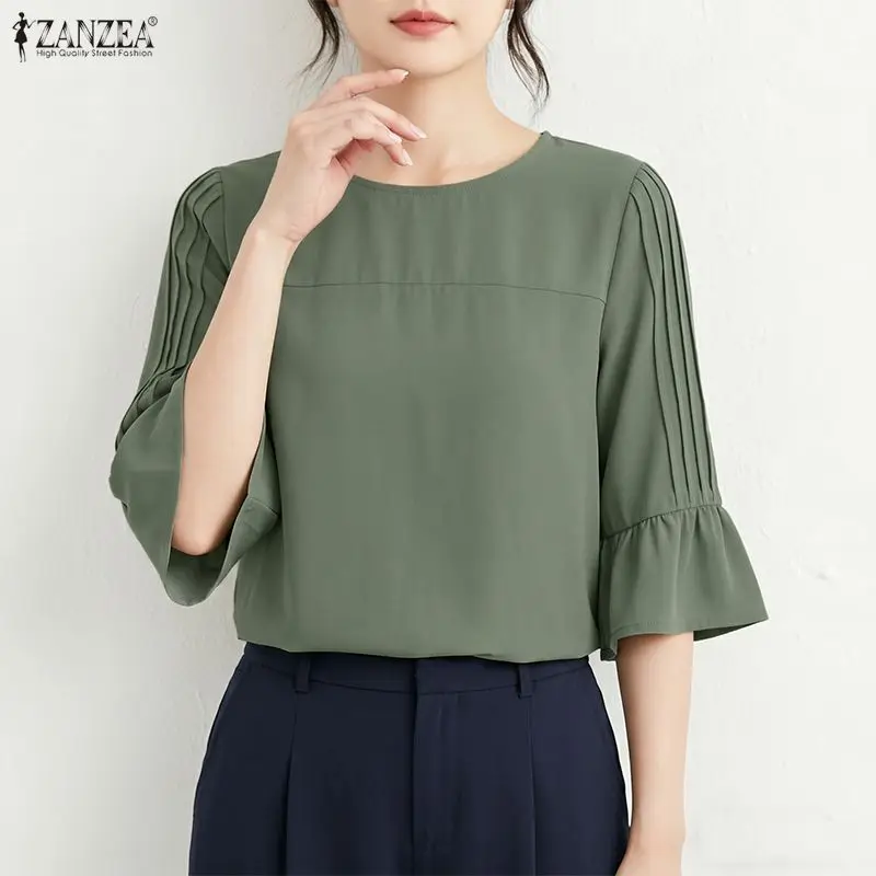 

ZANZEA Woman Casual Blouses O-Neck Pintuck Detailed 3/4 Flared Sleeve Solid Color Tops 2026 Autumn Effortless Daily Blusas Mujer