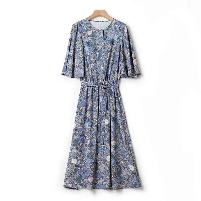 

Retro Floral Print Midi Dress for Women Round Neck Ladies Short Sleeve Slim Waist Long Dresses with Sashes 2023 New Early Autumn