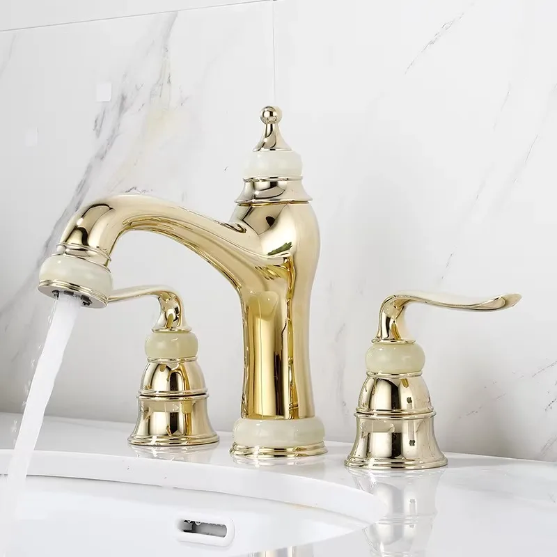 Golden Bathroom Hole Basin Faucet Hot and Cold Split Basin Faucet Bathroom Double Handle Three Piece Set