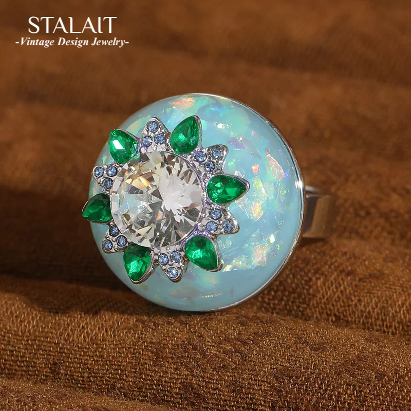 

Vintage White Green Crystal Ring Sunflower Zirconia Jewelry Luxury High Quality Blue Circular Glass Natural Stone Opal 2025 New