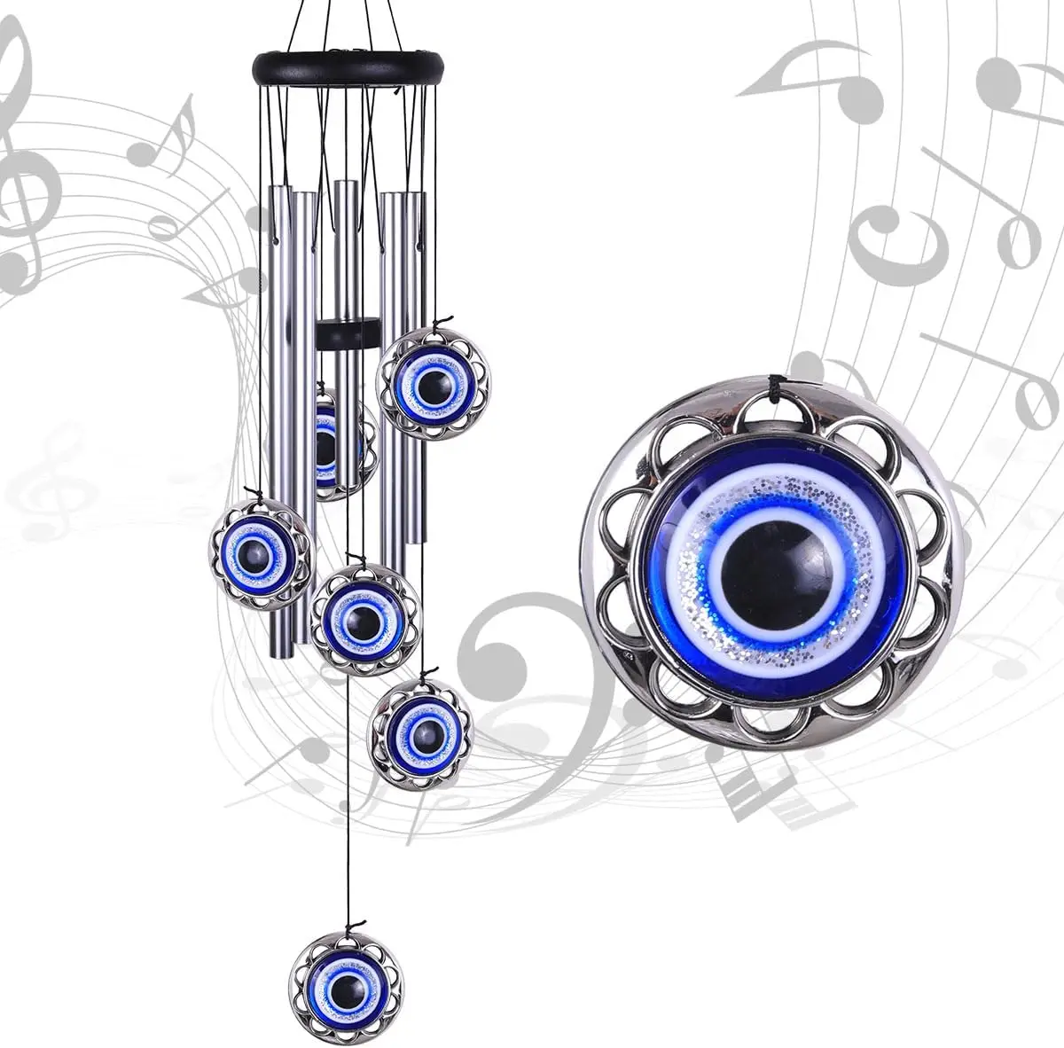 Blue Evil Eye Wind Chimes for Outdoor Decor, Handmade with Aluminum Tubes and Wood, Perfect Gift for Home Garden Patio