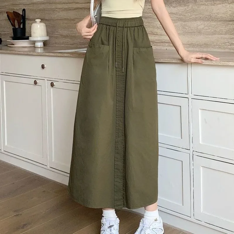

Women Spring Summer Safari Style Long Skirts 2025 New Lady Casual Vintage High Waist Elastic Skirt Daily Soid Joker Clothing