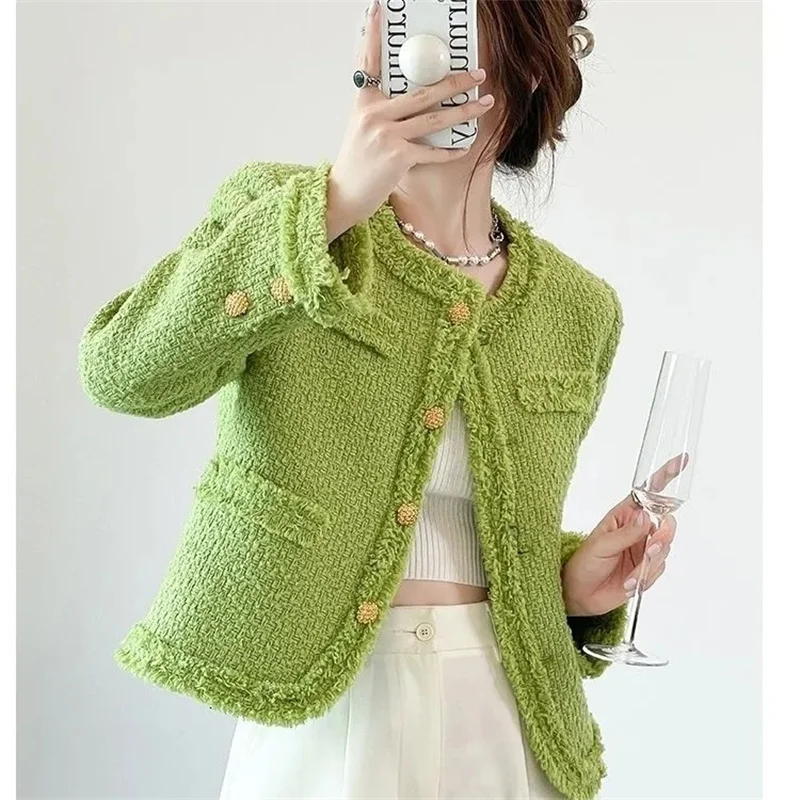 2024New Autumn Winter Tweed Jackets Women Elegant Green Blazers Korean Fashion O-Neck Small Fragrance Coat Outerwear Female Tops