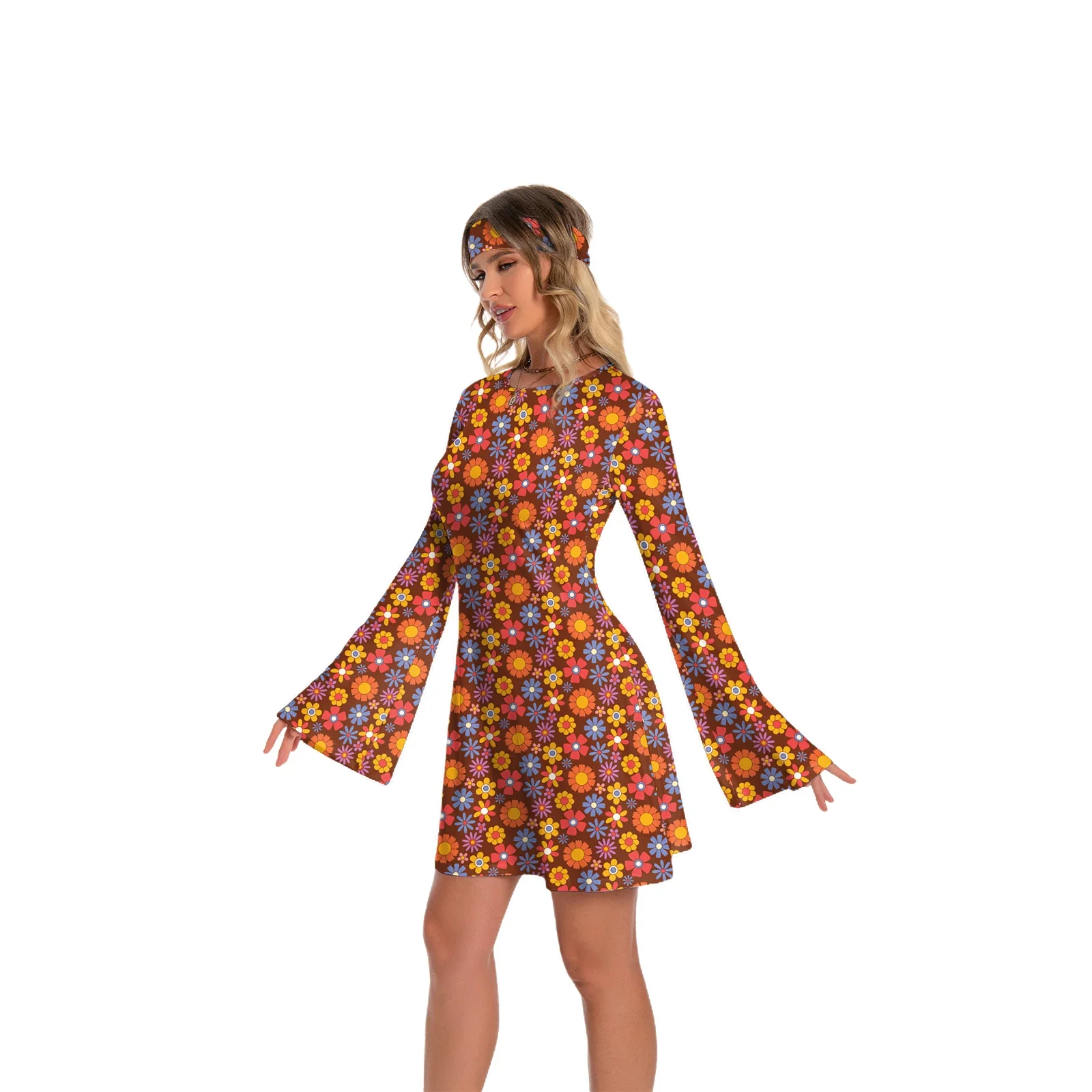 Kleid im Hip-Hop-Stil für Damen, modisches bedrucktes Outfit-Kleid, Urlaubskleidung, 70er-Jahre-Kleid im elektronischen Stil mit ausgestellten Ärmeln, Kostüm für Damen