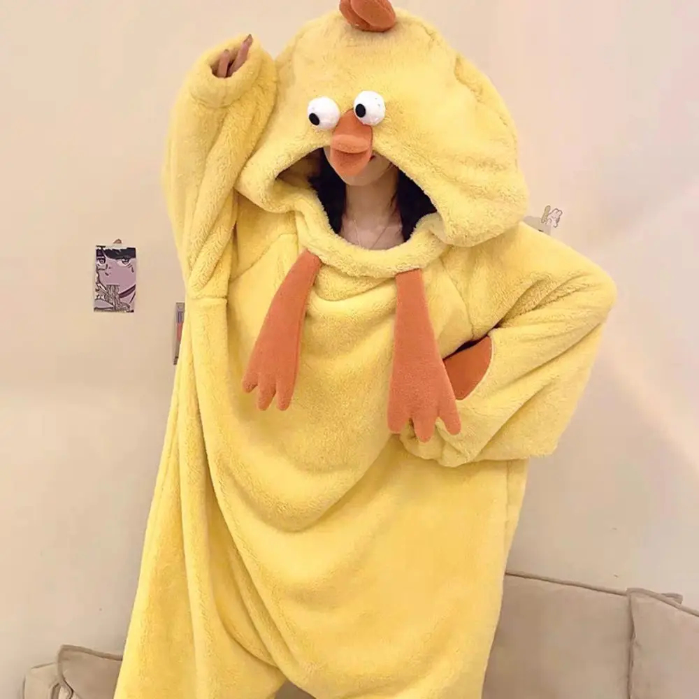 

Jumpsuits Cartoon Chicken Pajamas Long Sleeve Funny Coral Fleece Nightwear Plush Warm Home Wear Little Yellow Chicken Pajamas