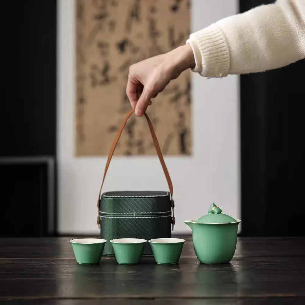 Portable outdoor express cup, one pot, three cups of ceramic Kung Fu tea drinking travel set