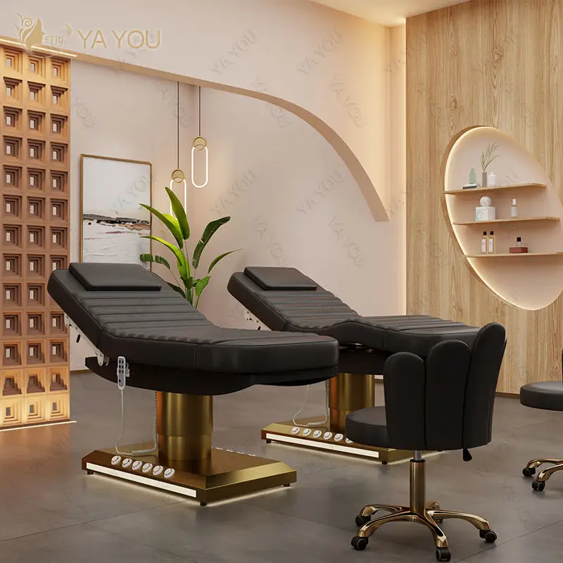 قاعدة من الفولاذ المقاوم للصدأ باللون الذهبي 3 محرك سرير تدليك تجميل من البولي يوريثان باللون الأسود مع تحكم في القدمين #1