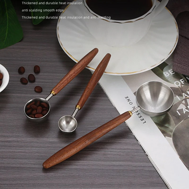 Wooden Handle Stainless Steel Coffee Scoop Tablespoon Measuring Spoon Walnut Wood Long Handle Coffee Spoons Cafe Decoration