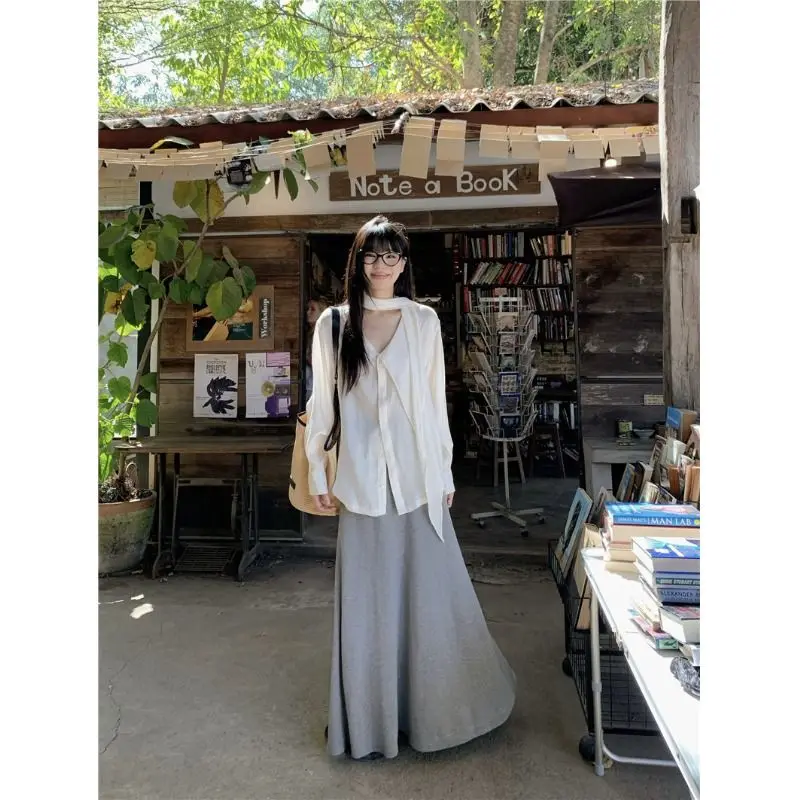 

Womens Two Peice Sets Spring New High-end Lazy Style Designed Temperature Streamer Long Sleeve Shirt and High Waist Grey Skirt