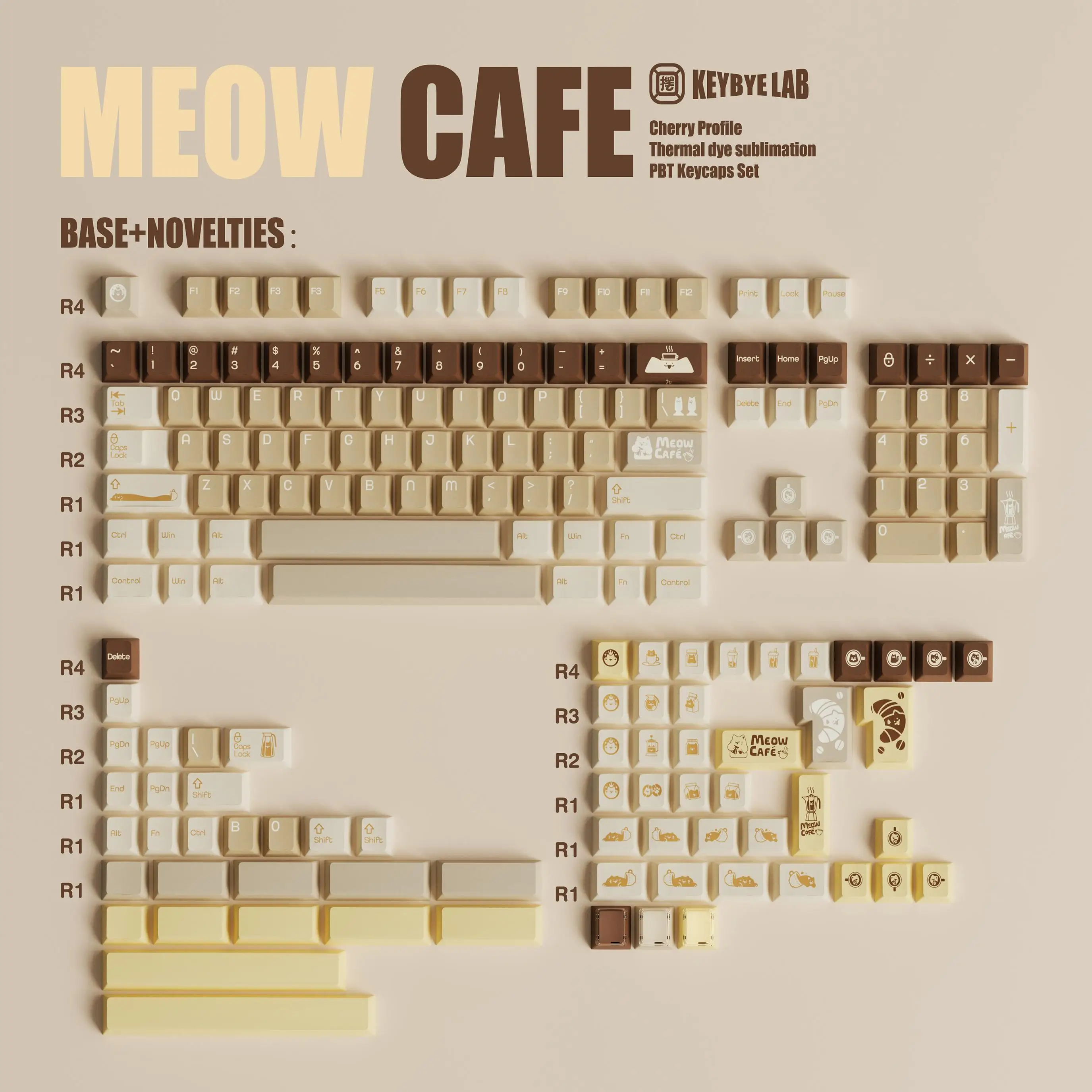 

Original MEOW CAFE Keycap Set Cherry Profile PBT Dye Sublimation Fit 60%-108% Peripheral Keycaps Mechanical Keyboard Accessories