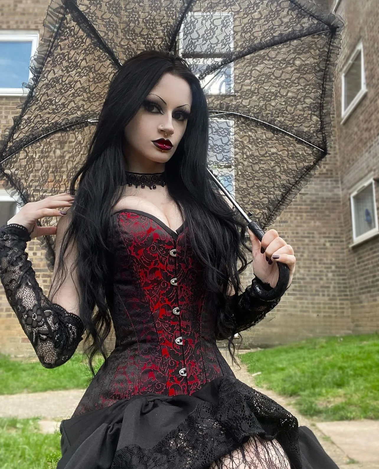 

Gothic Punk loween Lace Splicing Long Skirt for Women High Waist Midi Skirt Irregular Hemline Polyester Fabric Spring 2024