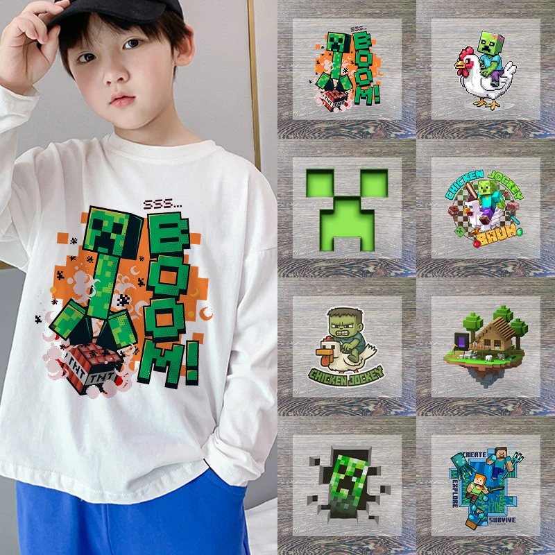 Minecraftes Pixeles Cartoon Iron on Patches for Clothing Game Character DIY Kids T-shirts Heat Transfer Patch Christmas Gifts