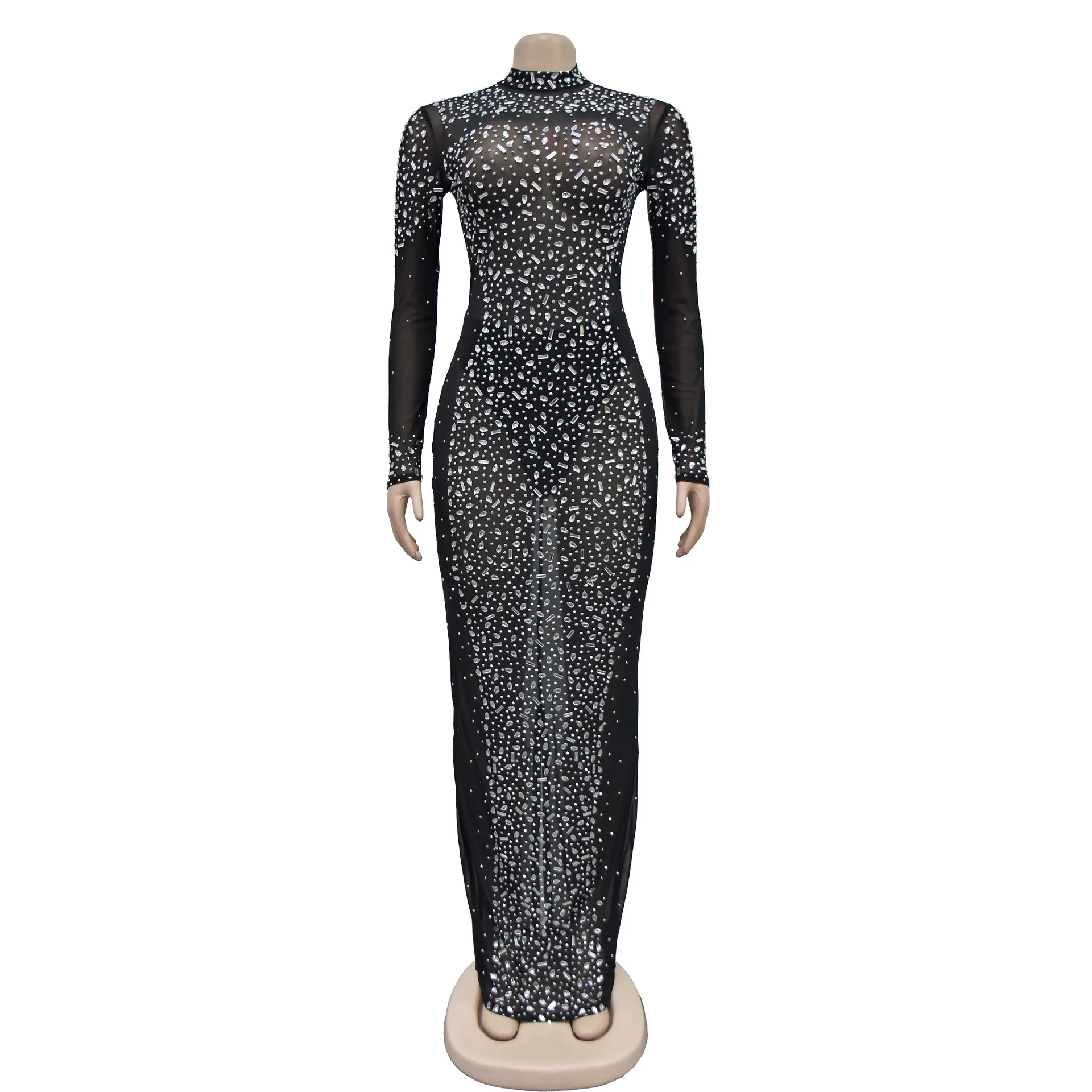 Sparkling Diamond Mesh Perspective Stand Collar Long sleeved Slim Fit Rear slit Dress New Fashion Nightclub Evening Dress