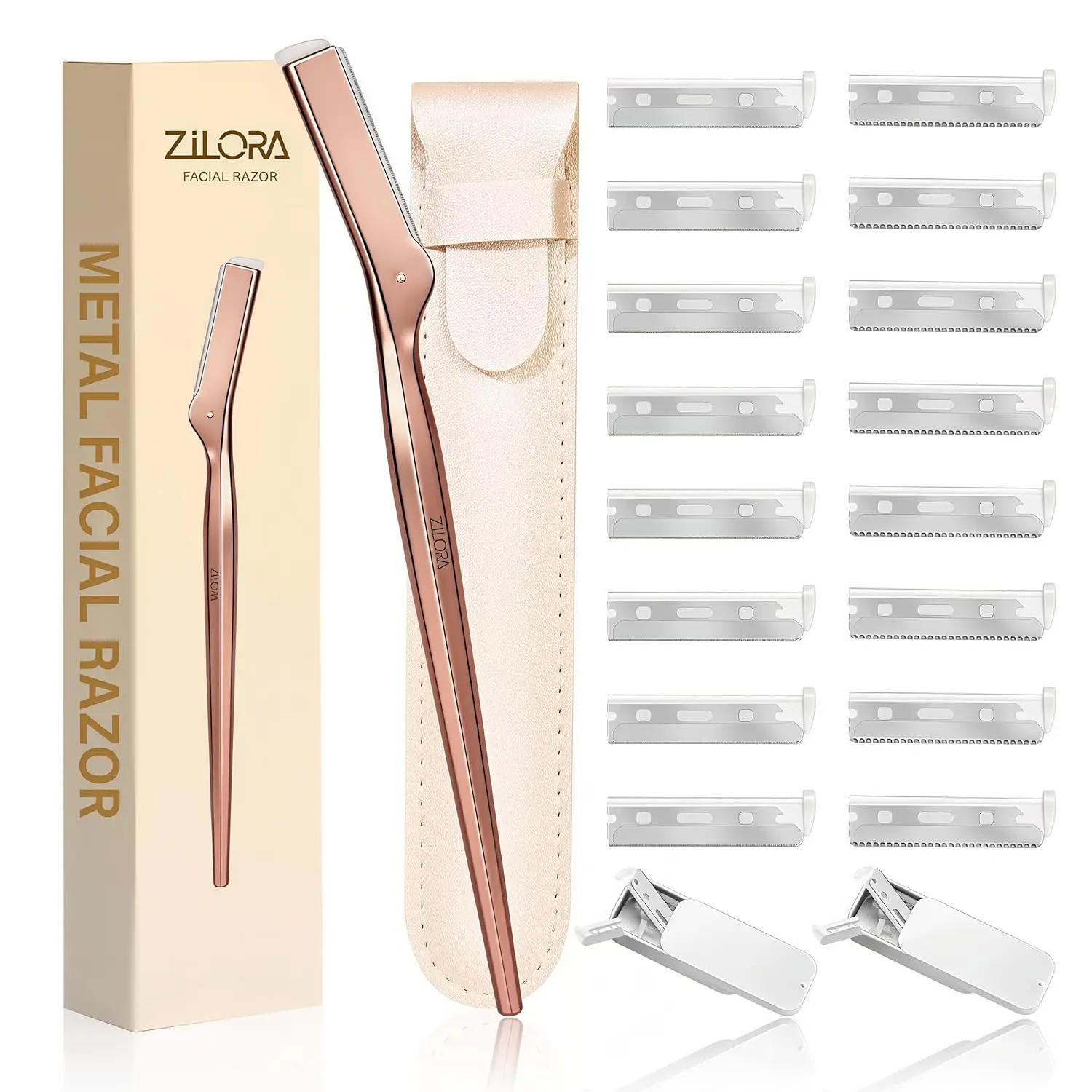 

Metal Face Razor for Women, Dermaplaning Tool with 16 Blades, Facial Hair Remover & Eyebrow Trimmer, Rose Gold