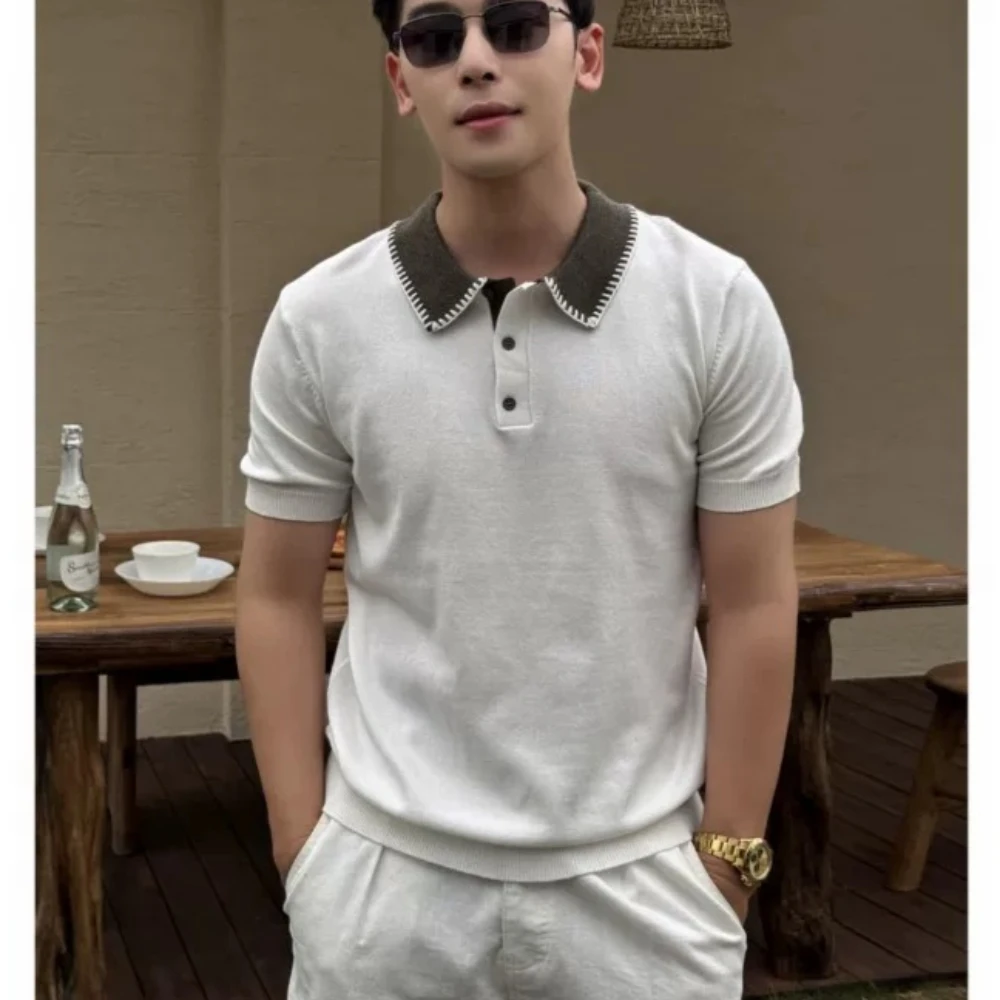 British Style Spliced Knitted Polo Shirt for Men Summer Loose Relaxing Social Casual T-shirt Versatile Business Office Tee Tops