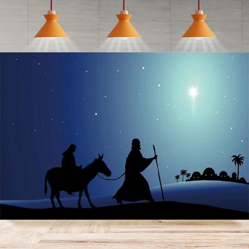 Photography Backdrop Virgin Mary And Joseph Starry Sky Holy Family Walking In Desert Christian Missionary Background Banner